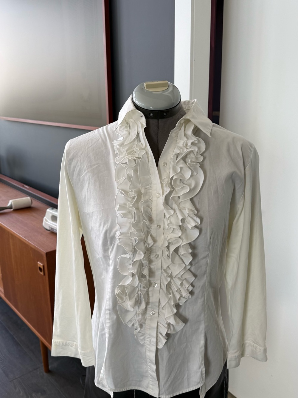 Anne Fontaine White Ruffle-Front Button Down Shirt